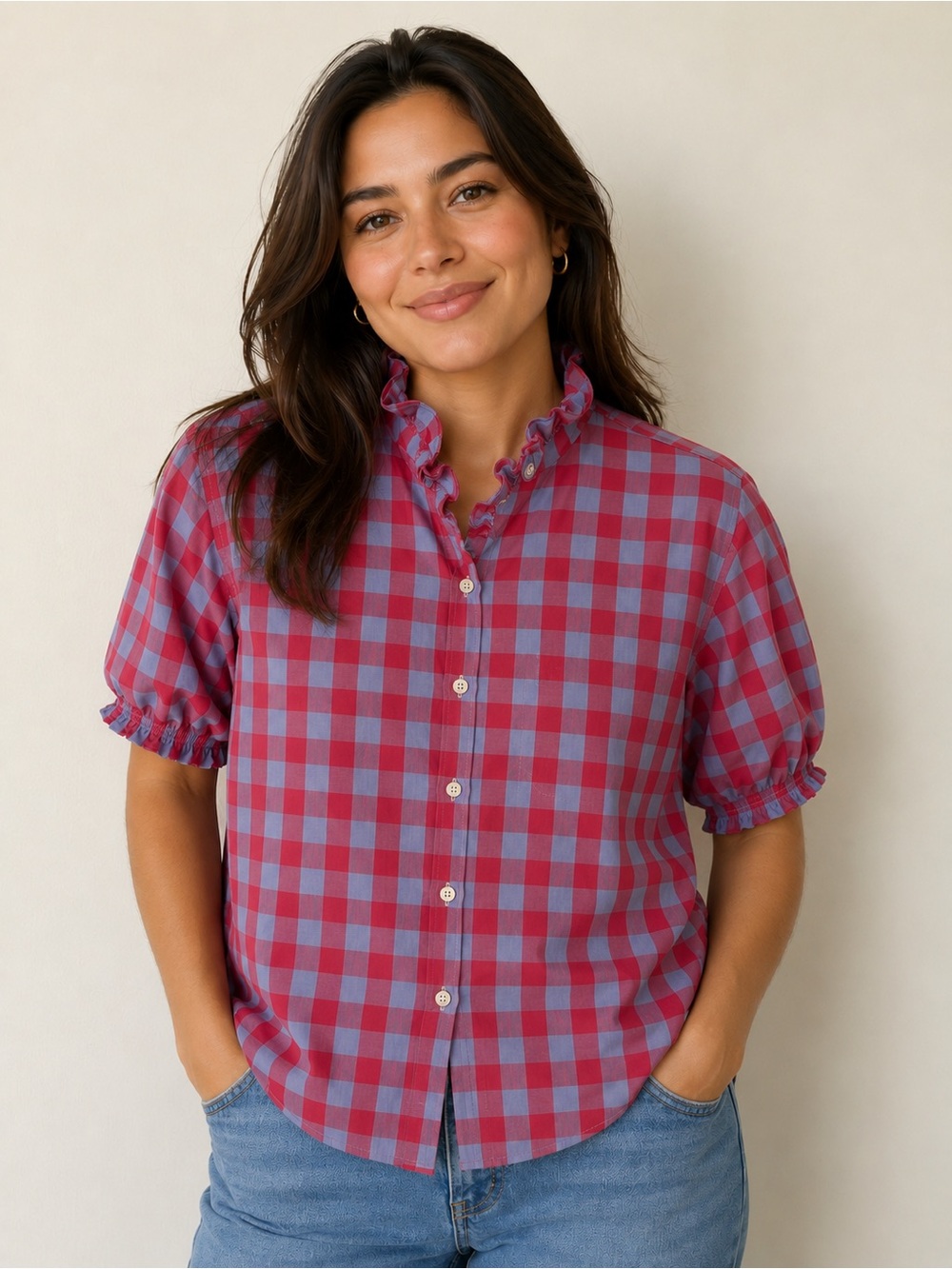 Upcycled Bonobos Pink and Blue Gingham Ruffle Collar Button-Down Shirt